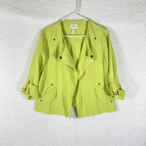 Chicos Jacket Womens Sz S (0)‎ Green Blazer Linen Open Front Lightweight Pockets